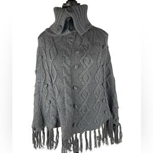 Yessica charcoal gray knit turtleneck poncho w pompoms  fringe hem sz S